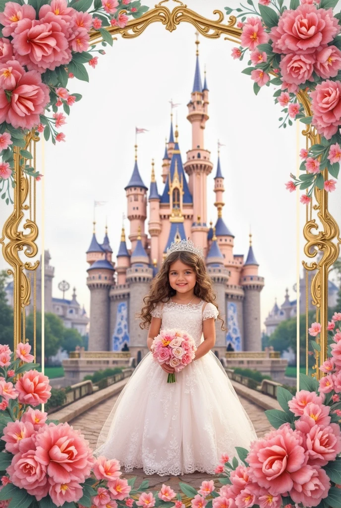 Real pinay baby girl wearing pink gown sitting in the floor with background castle and arounding flowers with number 0ne write