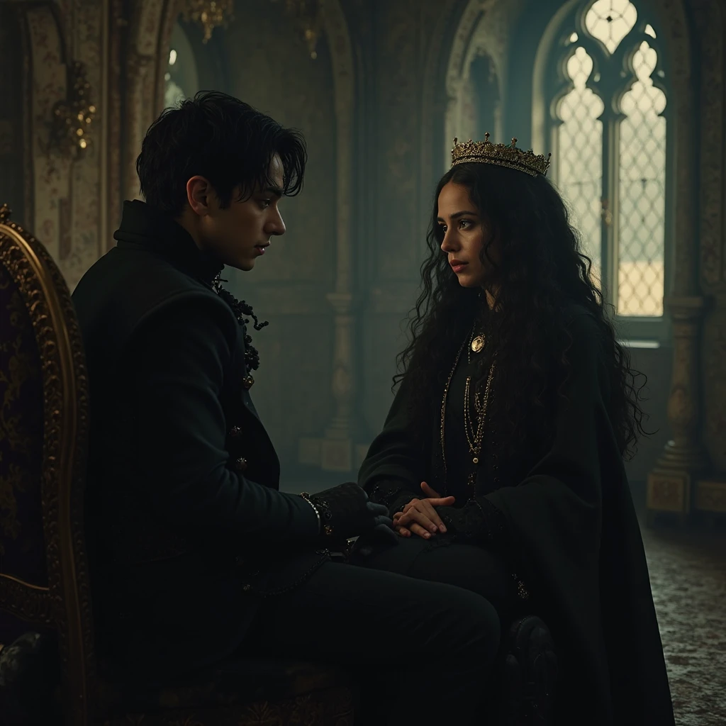 top quality picture 、United Kingdom 、Buckingham Palace 、 15century 、(((Large crowd of guests))) 、Black luxury flare long dress 、 Wear a very long black cloak 、is standing 、extremely cold 、Close the front of the cloak 、(((Two people))) 、Hand flail 、 (((low angles))) 、
、Collar with rope 、(((distressed look))) 、Thin ropes that bind the body、full body Esbian、low angles 、chains 、Pale green walls 、 Black hair 、chandeliers 、 shining beautiful skin , Sweat, collar and chain accessories, beautiful black pupil and hair, Detailed expression , beautidful eyes,