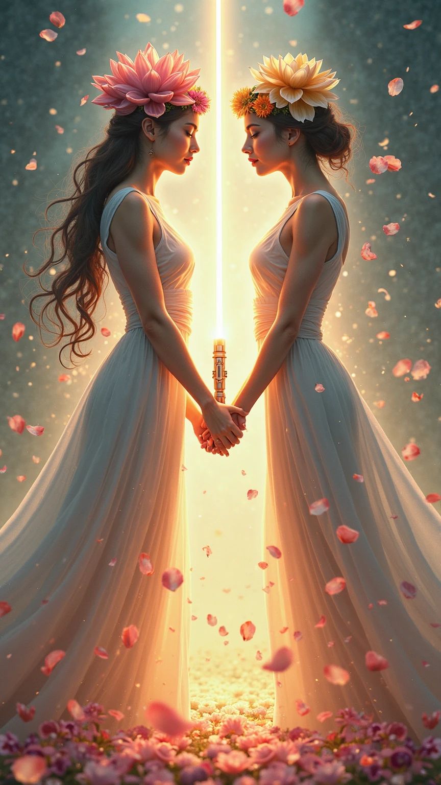 Award winner photo, masterpiece, photo of 2 beautiful woman, woman 25 years in ripped medieval cotton dress hugs a girlfriend, ((soft breasts fall out of a torn clothes)), undressing each other, smiling, heavenly sky, half body, ((divine light)), ethereal, clouds, back lighting, realistic portrait, symmetrical, strong, intricate drawing, highly detailed, digital painting, art station, concept art, fluid, sharp focus, 8k resolution, fujofilm, film grain, against heaven's gate, cinematic lighting, works by artgerm and greg rutkowski and alphonse mucha