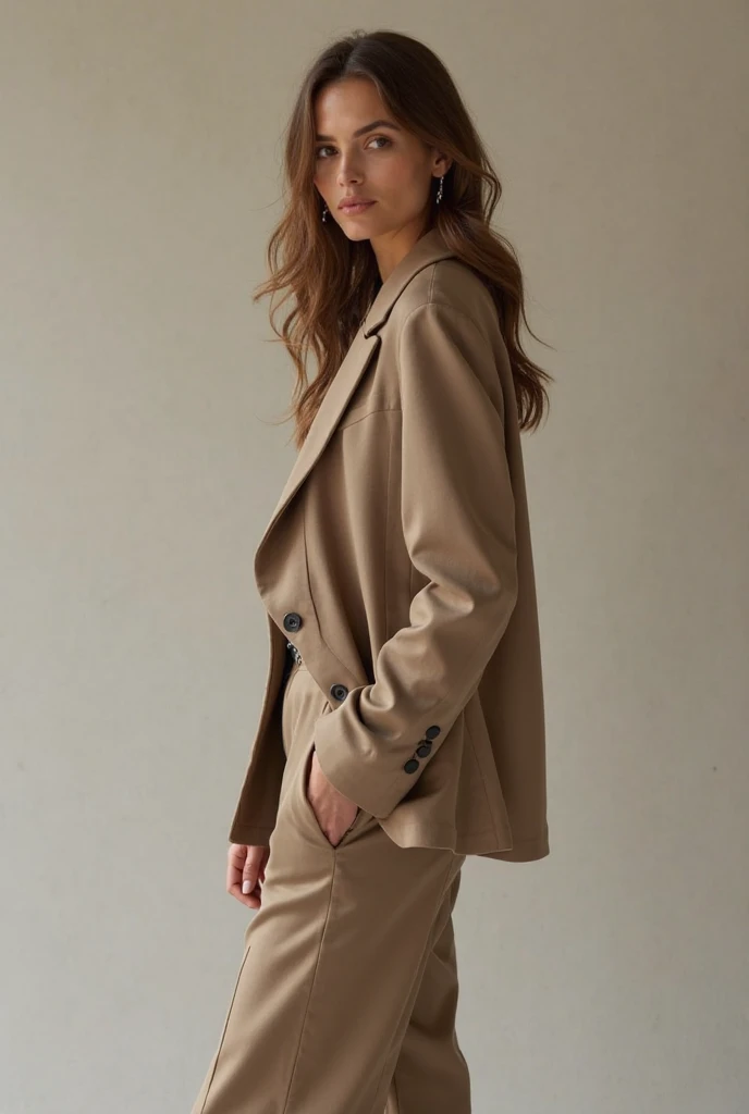 Cute Malay woman in a dark green oversized shirt and high waist formal pants and trench coat in front of a yellow background seating on a bar stool, muslim hijab, white sneakers, white thick daddy shoes, anna jobling, full body photography, photo of young malay woman, full shot portrait, in yellow background