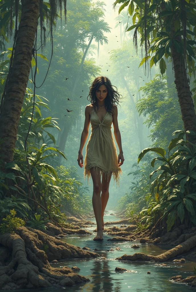 Jungle girl, age 13, adolescent, dark brown long hair, barefoot, realistic, animalistic, scantily dressed, angry, short