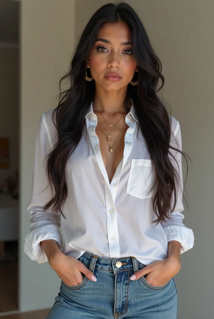 ), "Masterpiece, highest quality, hyper-realistic portrait of an Indian girl bright white face. The girl is wearing a shirt and shorts jeans, massive boobs, they are pressing against the inside of her shirt. She is standing an expensive house. Leaning against a door frame. (8k resolution, exceptional quality)." Close up picture. She is quite light skinned for an Indian and has long, wavy black hair.