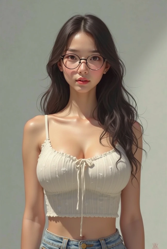 (masuter piece、Best Quality、top-quality、Top image quality、masutepiece、Look firmly at the camera、Bring intense highlights into your eyes、Lashes、slightly bigger eyes)、One Beautiful Girl,circle-glasses,One Piece Star Neck White Sleeveless Sweater, lips slightly open, Red face, Wet hair,Sweat all over the body, crisp breasts, Convex buttocks,{gigantic|big|huge|mega} breasts, cleavage、 Grab your chest with both hands,Detailed background, Clothing Details, Perfectly proportioned, Multiple perspectives,film grains, Fuji colors, lightand shade contrast, tmasterpiece, high detal, high quarity, hight resolution, Cinematic lighting, Textured skin, Super Detail、Beautiful adult woman full of charm