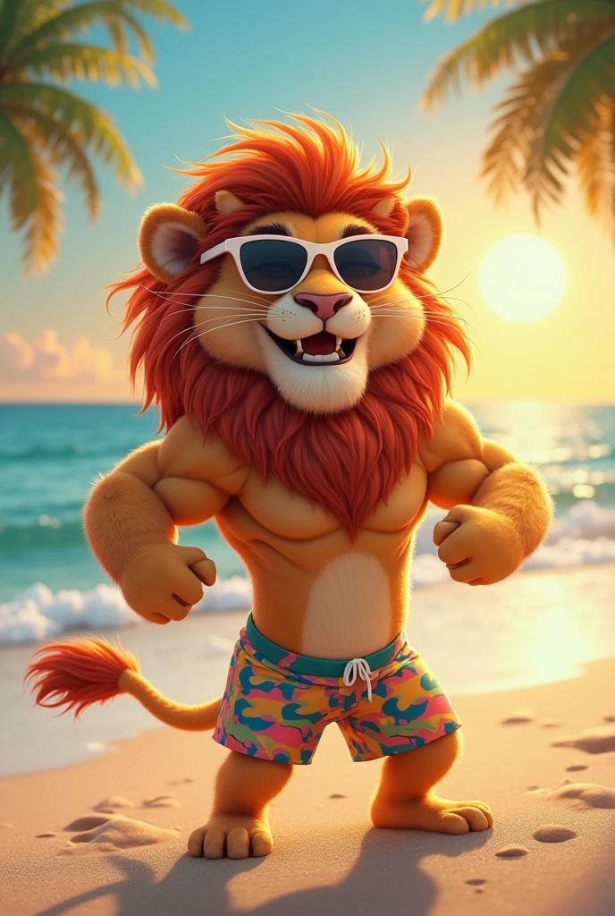 Alex the Lion from Madagascar cartoon, extremely beautiful and cute face, muscular body, six pack abs, wears a red cargo shorts til his knees, shirtless, bare feet, lifeguard, on beach, shy look, smiling