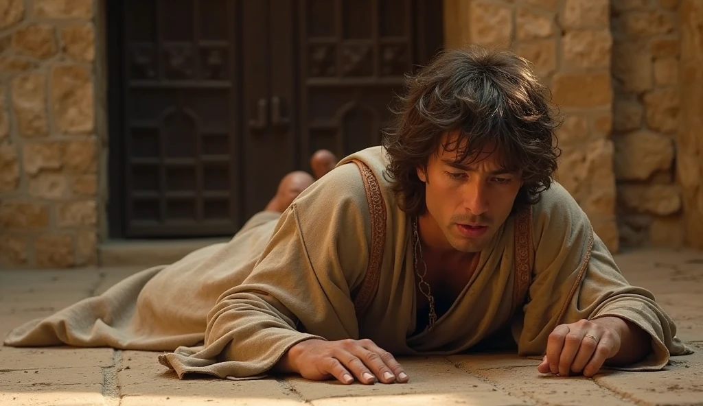 Arafed man sitting on the floor with a blanket and a blanket, biblical clothing, Nicodemos, biblical epic movie, Chris Pratt Antigo Corso, vestindo vestes marrons, vestindo roupas de homem das cavernas, Vestido como Jesus Cristo, Jeremias, Ancient aliens, covered in robes, Ancient Biblical, Vestidos Castanhos, Homem de Roma Antiga, O cara, jason momoa as assyrian