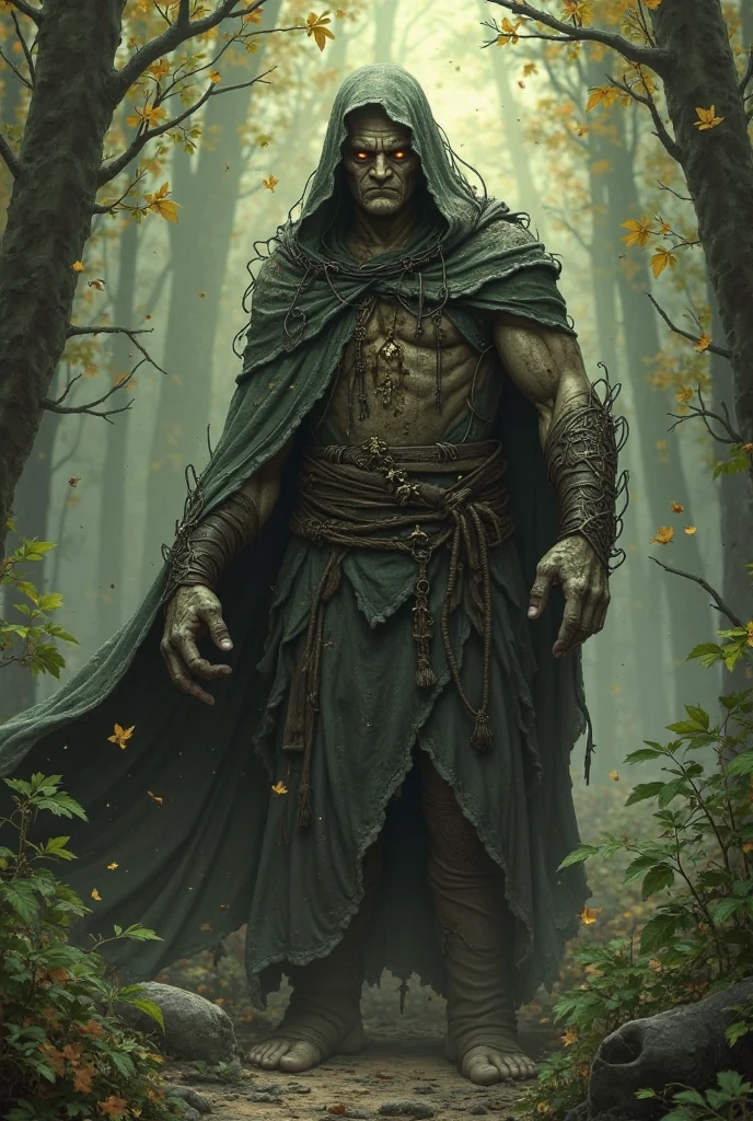 Create a druid that uses spores as its main power in anime style, He is kind of dark and has a pale appearance and hides part of his face with a hood but it does not cover his entire body., Although he is slender, he is very defined and you can see this with his arms on display.