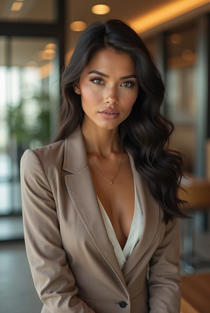 Portrait of a beautiful woman with a perfect body, in her 20s, Brasilianer, langes, flatterndes Castanho-Haar, perfect breasts, Schlanke Taille, gestraffter Bauch, makellose Haut, Detaillierte Gesichts- und Hautstruktur, Sinnlicher Ausdruck, Detaillierte Augen und Mund, wearing a sexy business outfit, dynamische Beleuchtung, Professional photo quality, 8k resolution, Meisterwerk.