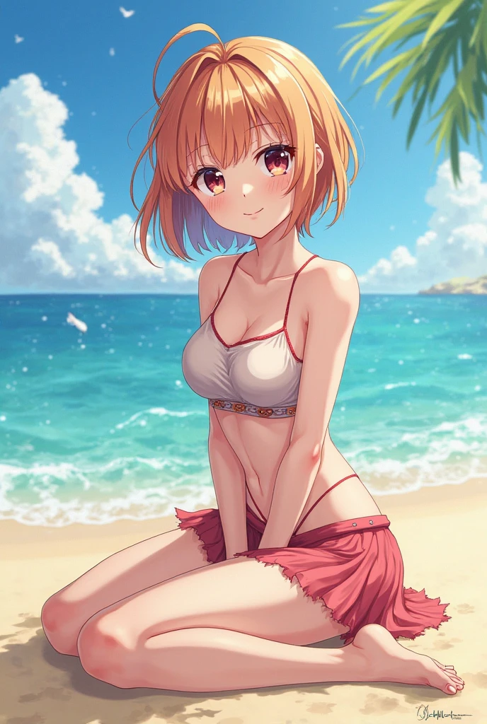 (Best lighting, Best Shadow, masterpiece, high quality), colorful, Vibrant, Summer mood, lots of bright colors, Beautiful woman in light summer clothes, Hair loss, Sit on the clear water and white sand, Bright blue sky. masterpiece, 最high quality, high quality, High resolution, sexly,