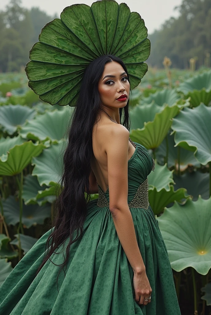 masterpiece, best quality,ultra detailed, a woman, sitting on a bench, wearing a green bodysuit, shiny complicated snake skin pattern on her skin, long and thin legs, thin body, heels, small Breast, long black hair, dramatic lighting, specular skin, facing camera, clear face, forest background, <lora:taiwanDollLikeness_v1:0.1> <lora:zentaiV1.7:1>, wearing song hanfu, Chinese traditional clothing, long yellow silk dress, flowers on her head, complicated carvings and decorations on her dress, <lora:hanfu_v30Song:0.35>