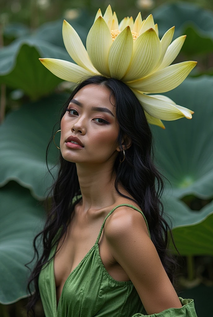 A majestic Tropical Jungle Queen, an 1 Japanese girl, standing tall at 180 cm and weighing 45 kg, with a smooth, light complexion and straight, long blonde hair tied up in a high ponytail, sleek and glossy. She has a graceful, diamond-shaped face with high cheekbones, a small, delicate nose, and full, well-defined lips. Her large, expressive brown eyes are detailed with intricate irises and long, dark eyelashes. Her physique is athletic yet feminine, with medium-sized, round breasts. The image should be in ultra-high definition (4k, 8k) with soft, natural lighting that highlights her skin texture, the shine of her hair, and the fine details of her face.
She stands amidst dense, vibrant foliage in the heart of a lush rainforest. The environment is alive with the vibrant colors of the jungle—giant ferns, blooming orchids, and towering palm trees. Brightly colored birds, such as parrots and toucans, fly above, while small animals like monkeys and lizards peek through the foliage. The sunlight filters through the thick canopy above, casting dappled light on the scene, creating a mystical and enchanting atmosphere.
She wears a form-fitting dress made of woven green vines, adorned with small flowers and intricate tribal jewelry crafted from beads and shells. Her long, blonde hair cascades down her back in waves, and she holds a delicate flower crown in her hand. Her posture is graceful and serene, as she leans slightly against a tree trunk. The photo is captured using Kodak Ektachrome 100, a classic slide film known for its vivid color saturation and fine grain, ensuring maximum realism and depth in the image.
