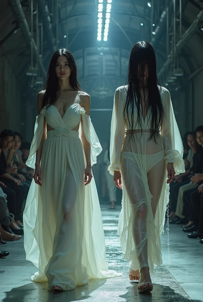 one girl tied up by another one with rope,(bright lighting,romantic setting),dreamy background,bondage,dark hair, mesmerizing gaze, , soft skin, alluring beauty, artistic portrait, high-quality image, vibrant colors, long silk gown, dressing room, (cocoon:0.8)