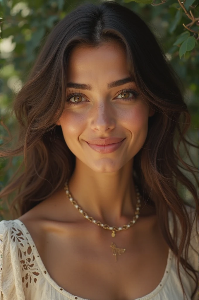 Beautiful 50 year old woman with long brown hair, and gray eyes. reine