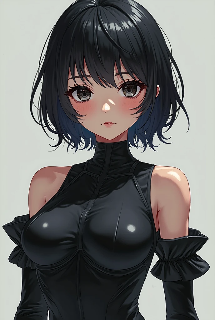 (A photo of upper body), Beautiful face, Highly detailed face and skin texture, (Detailed eyes), Brown eyes, Double eyelids, Thin eyebrows, Glitter eyeliner: 1.2, Natural cheeks, Shiny skin, Fair skin, (((with elegant outfit))), (Shiny lips: 1. 4), (Seductive smile), (20 years old), (Wavy hair, Diagonal bangs), ((black and blue hair)), Short hair, ((Upper body shot)), ((Focus on chest and face)), Medium large breasts, Upturned breasts.