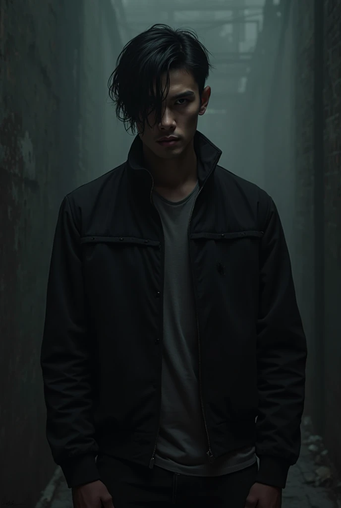 1 guy, gasping for air, tired, sweety, night, dark, creepy atmosphere, abandoned building