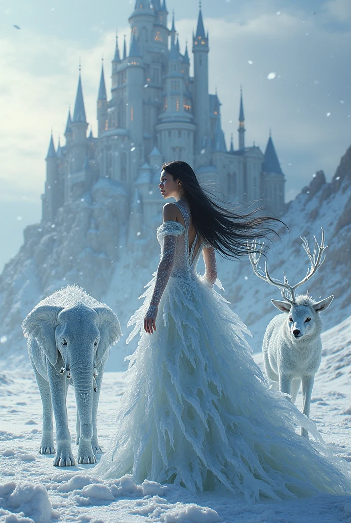 Daisaku, Photography RAW, Beautiful woman in wedding dress and a polar bear standing on ice, looking into the camera, Surrounded by sea and ice, blue sky with white clouds。, light smile, cinematic lighting, 35mm, Hasselblad, cinematic lighting, chiaroscuro, reflection light, UHD, textured skin, super detail, high details, high quality, award winning, best quality, highres, 16k