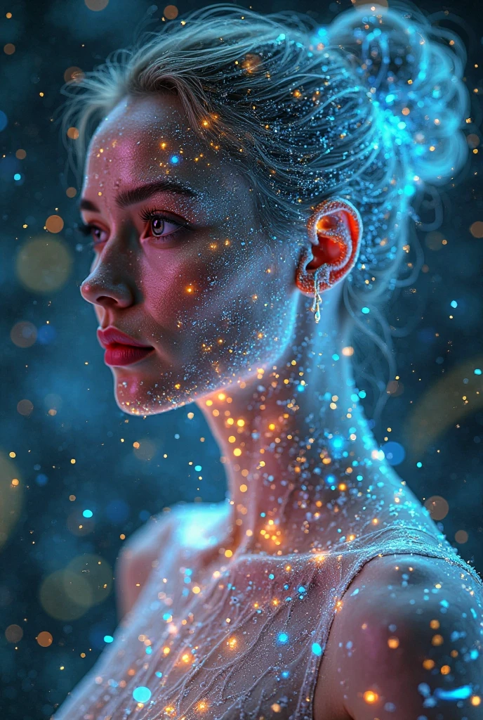 Portrait of a woman, layers peeling away to reveal a mystical representation of her deeper self, an ethereal aura, luminescent with intricate otherworldly patterns cascading over her form, contrasting with her initially simple, yet vivid, visage, symbolic elements, juxtaposition of shadow and light, depth of field focusing on the tangible self transitioning to the intangible, high-resolution digital painting, ultra-realistic,