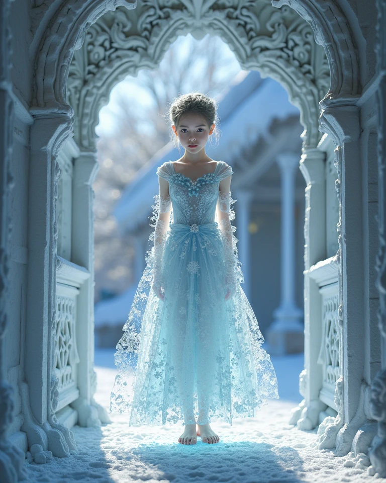 A lovely 3 year old girl, One child, coloful wavy hair, Wearing a blue princess dress, Brilliant pearls, Drifting snowflakes, castle in background, half close-up, Medium Shot Shot, surrealism, Rich colors and details, Magical style, Dramatic lighting, oc rendered, Video lighting details, HD 16k Nigi