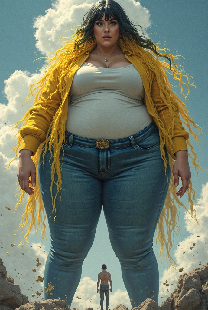 A woman with a big afro, realistic image of an obese black girl, wearing a white t-shirt and yellow pants, stands on the edge of a building
