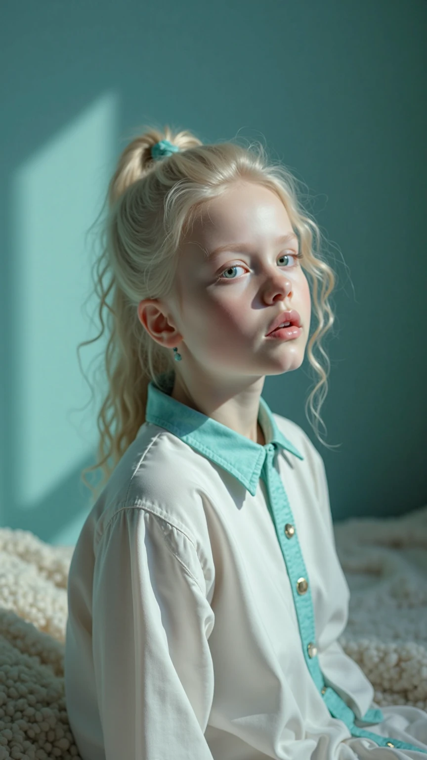 A four-year-old albino girl with curly white hair and blue eyes, rear