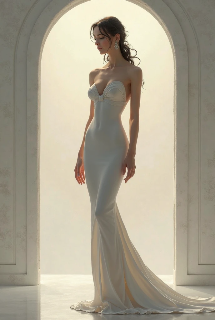 "A beautiful 22-year-old woman standing confidently in a stylish, form-fitting dress that accentuates her curves. She has an elegant posture, with long, flowing hair cascading down her shoulders. Her eyes are captivating, and she exudes charm and poise. The scene is set against a soft, ambient background that highlights her natural beauty and confidence, making her the center of attention
