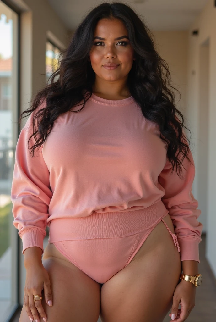 yet curvy witch with a belly button piercing. She has slightly droopy eyes, thick straight eyebrows, a straight medium-width nose, and full, slightly downturned lips giving her a serious expression. Her skin is light and smooth, with a soft jawline. She's wearing pink low-rise gym shorts that reveal her hip bones, paired with a short pink hoodie. Her dark hair is tied in a ponytail, and she has fake eyelashes. The overall look should be provocative and alluring, emphasizing her thicc figure and exposed midriff.