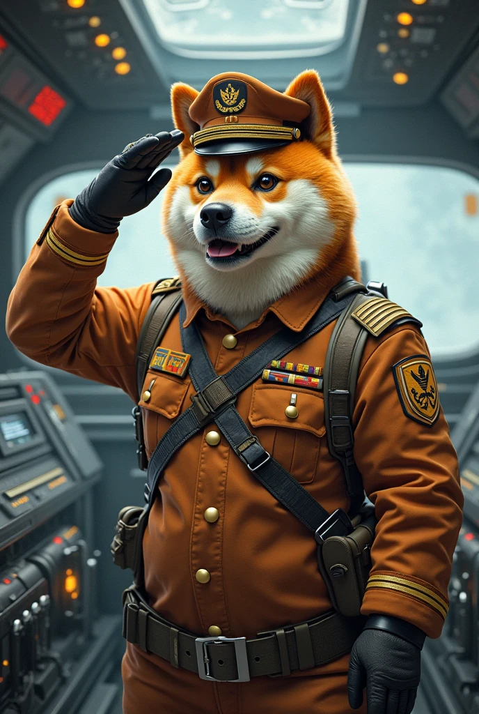 (best quality,4k,8k,highres,masterpiece:1.2),ultra-detailed,(realistic,photorealistic,photo-realistic:1.37), a shiba inu spaceship commander, anthropomorphic, wearing scifi army commander attire, illustration, portrait photography