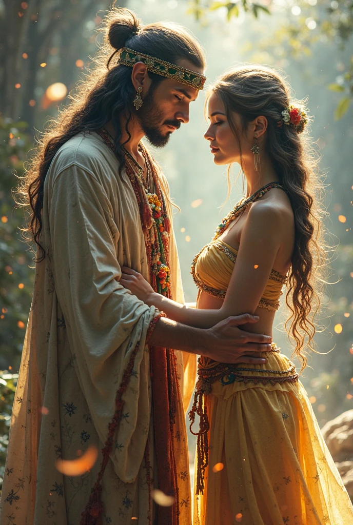 Male shaman and a female yogini, sacred rebels. Psychedelic picture of a very attractive couple, sparks flying, polarity, spiritual.