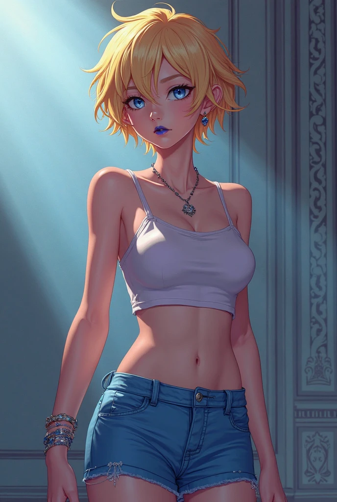 (masterpiece, best quality:1.2), cowboy shot, solo, Android 18 from Dragon Ball, collarbone, cleavage, ((slip-on one-shoulder crop top)), (light gray top:1.2), no jacket, midriff-baring, navel, ((white baggy pants with one button undone)), skimpy thong swimsuit, small breasts, short blonde hair loose, ((blue eyes)), ((wearing glasses)), earrings on earlobes, slender feminine figure, narrow waistline, skinny body, (plane black cap), (cap without logo), beach sandals, sunlight, walking, looking back, arms behind back, Valletta's large Triton Fountain, baroque architectural style, natural lighting and shadows, blur background,4K