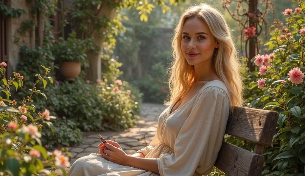 (8K, high resolution, cinematic, perfect anatomy, perfect breasts, perfect eyes, happy smile, close-up), a captivating digital artwork that portrays a beautiful woman posing gracefully in a stunning garden. Her flowing blonde hair cascades down her shoulders, adding to her ethereal beauty. Accentuating her alluring presence, she wears an elegant mini dress that showcases her beautiful legs and is complemented by a pair of stylish high heels.
The garden itself should be a lush and enchanting paradise, bursting with vibrant colors and blooming flowers. Create a sense of serenity and tranquility, with elements like gently swaying trees, winding pathways, and sun-dappled patches of grass. The lighting should be soft and warm, casting a gentle glow that accentuates the woman's features and the natural beauty of the surroundings.
Carefully compose the scene to highlight the woman's elegance and poise. Capture her confident pose and expression, inviting viewers to appreciate her timeless allure. Consider adding whimsical elements like butterflies, birds, or a delicate fountain to enhance the enchanting atmosphere of the garden.
The woman's presence should exude grace and sophistication, complemented by the elegance of her surroundings. Let the artwork transport viewers into a world of beauty and tranquility, evoking a sense of awe and admiration. This captivating scene will leave viewers captivated by the serene charm and timeless allure of the woman in the garden