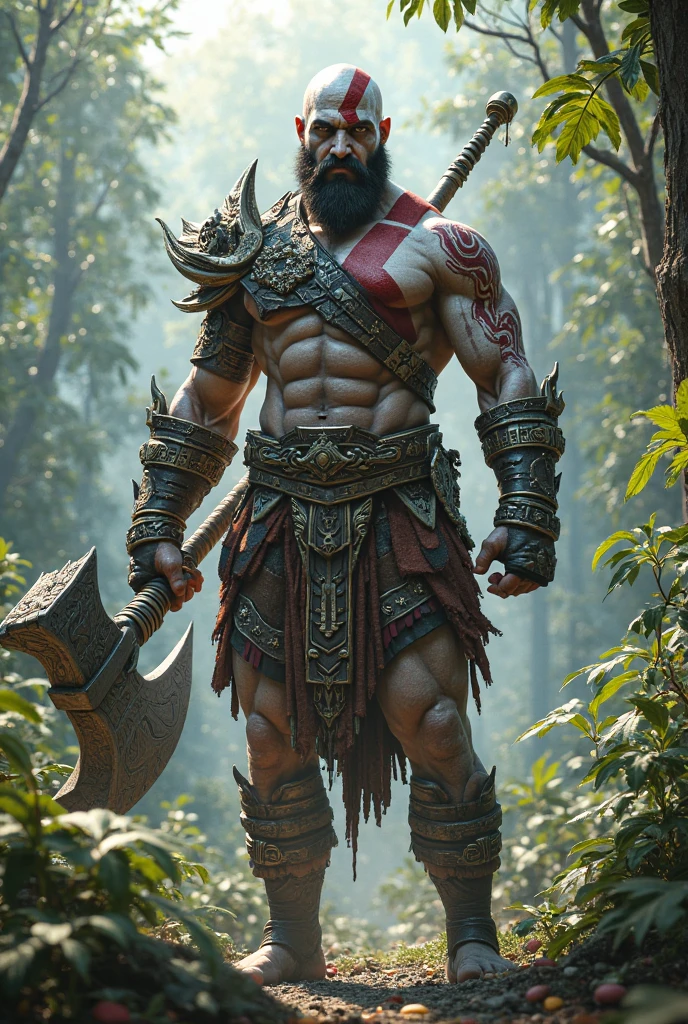 god of war, defined man, brown skin, he only wears a loincloth made of monkey skin, he also wears a skull mask, his hair is straight, black, the bowl cut, jungle men, he wears a kind of tree trunk tree that has a baseball bat shape as his weapon, amazon rainforest, amazonia brazil, he is in an intimidating pose, jungle full body.