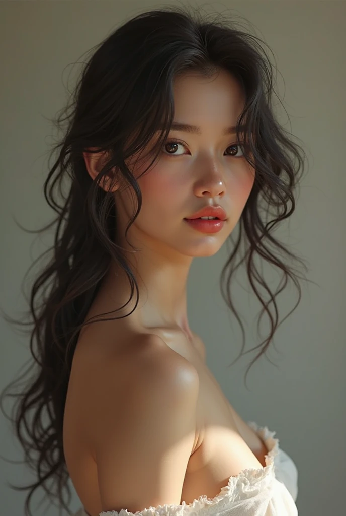 A delicate, 3D water color paint shows a full body naked beautiful Thai woman, her features rendered in subtle shading and precise lines. The framing is focusing attention on the subject's sweet face, very big eyes, very high nose, thick and long eyebrow, thin and wide lips, sexy look. Soft, feathery strokes convey the gentle texture of her long hair,  small and firm breasts, bare foot, large pussy,