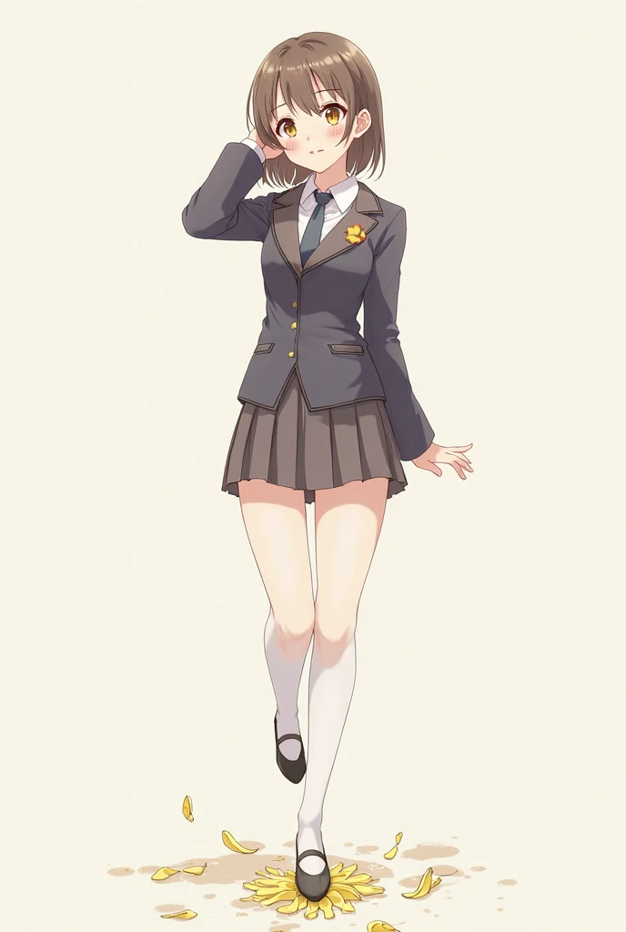 girl at school, Whole body, standing, Dark brown hair, open legs, hands on the hips, wearing a white shirt with a tie, social vest, Long socks, pink underwear, naked body