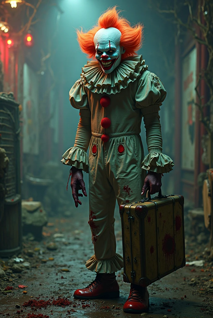 A cracked, porcelain-faced clown dancing erratically on a dusty, creaking stage, under flickering, dim lights in an abandoned toy shop