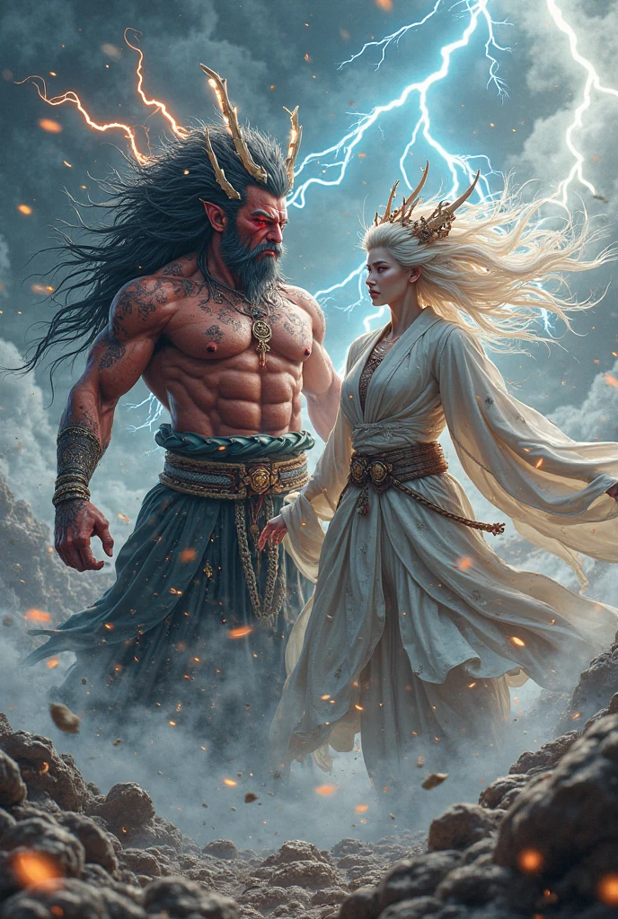 Male shaman and a female yogini, sacred rebels. He is muscular, broad, bald, bearded. She is blond, long haired, voluptuous, large breasts, fitness model, hourglass body, toned with abs, a lot of hippie style ethnic jewelry, scantily clad in tones of pink and white. Psychedelic picture of a very attractive couple, sparks flying, polarity, spiritual.