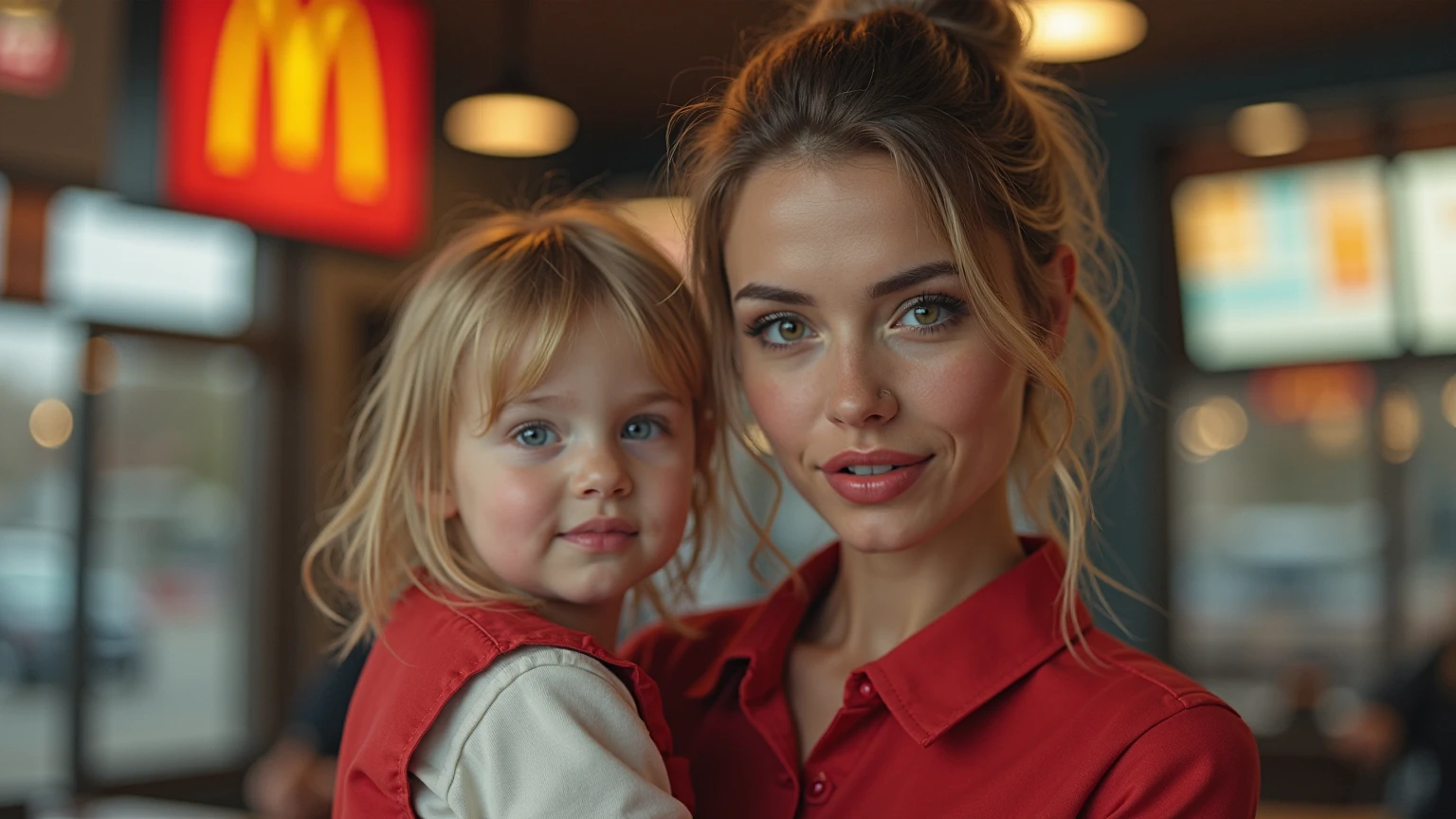 (Masterpiece.UHD.photorealistic analog photography. 50/60´s look) an ultra hot gorgeous European woman.age 23. 1960´s random hairstyle blonde hair, voluptuous curvy figure, perfect round cleavage. Full lips. Round Baby face. Huge natural breasts (100 de size). Wearing 40/50.s clothes. In a dystopian retro futuristic world. She’s a mom with her daughter in front elementary school. 1940 robotic clunky teacher. early morning light.