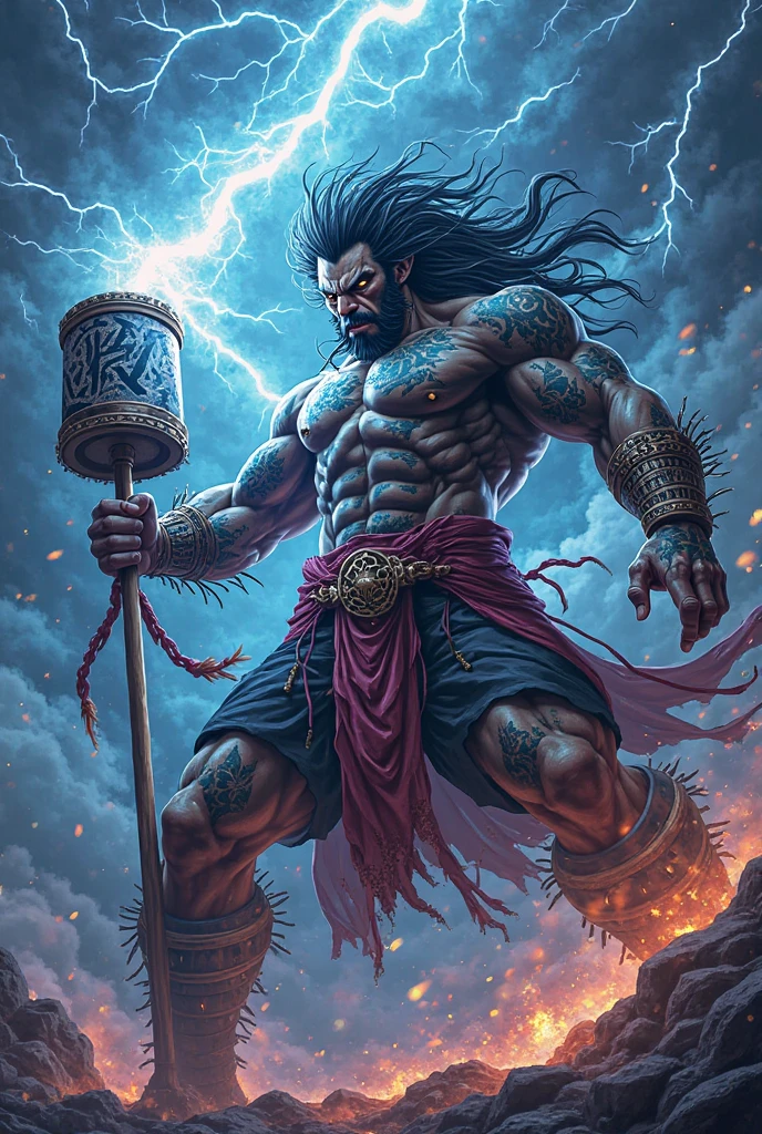 Full body with toes (zeus god), smoke skin,Hair flying, lightning bolt in hand, face fierce and angry