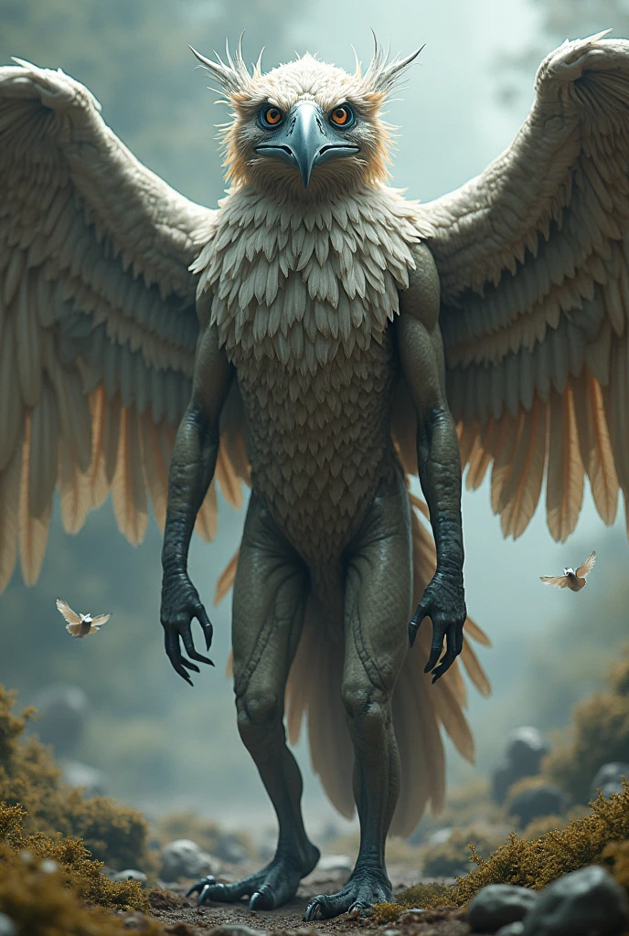 a mangy human with wings, and eagle's beak drawn