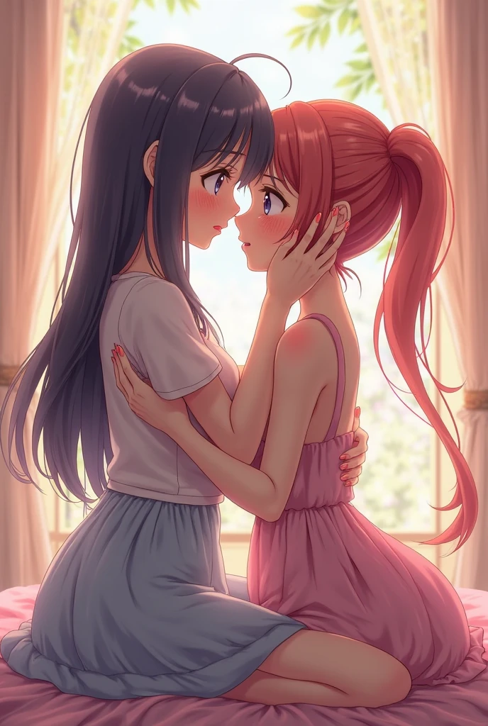 Taller black hair mature women wearing t-shirt holding hand with long red hair mature women with big breast wearing singlet with two  besides them