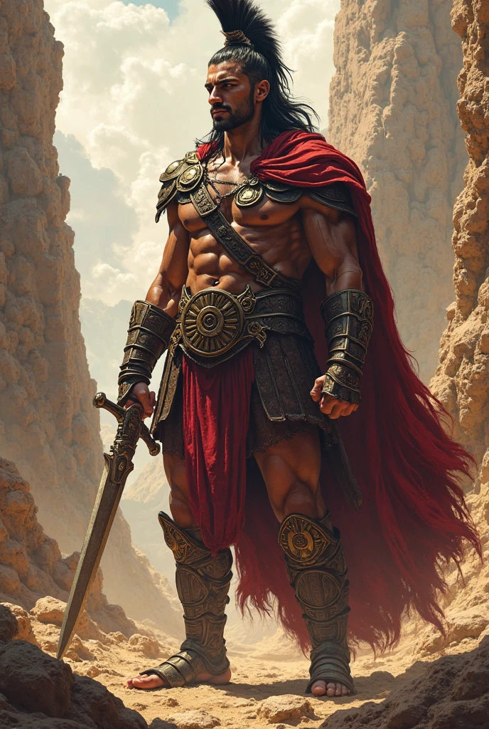 A Doric tribal warrior from ancient Greece, ((anime styling)), holding a morning star and a wooden shield, best quality 4k, detaileds