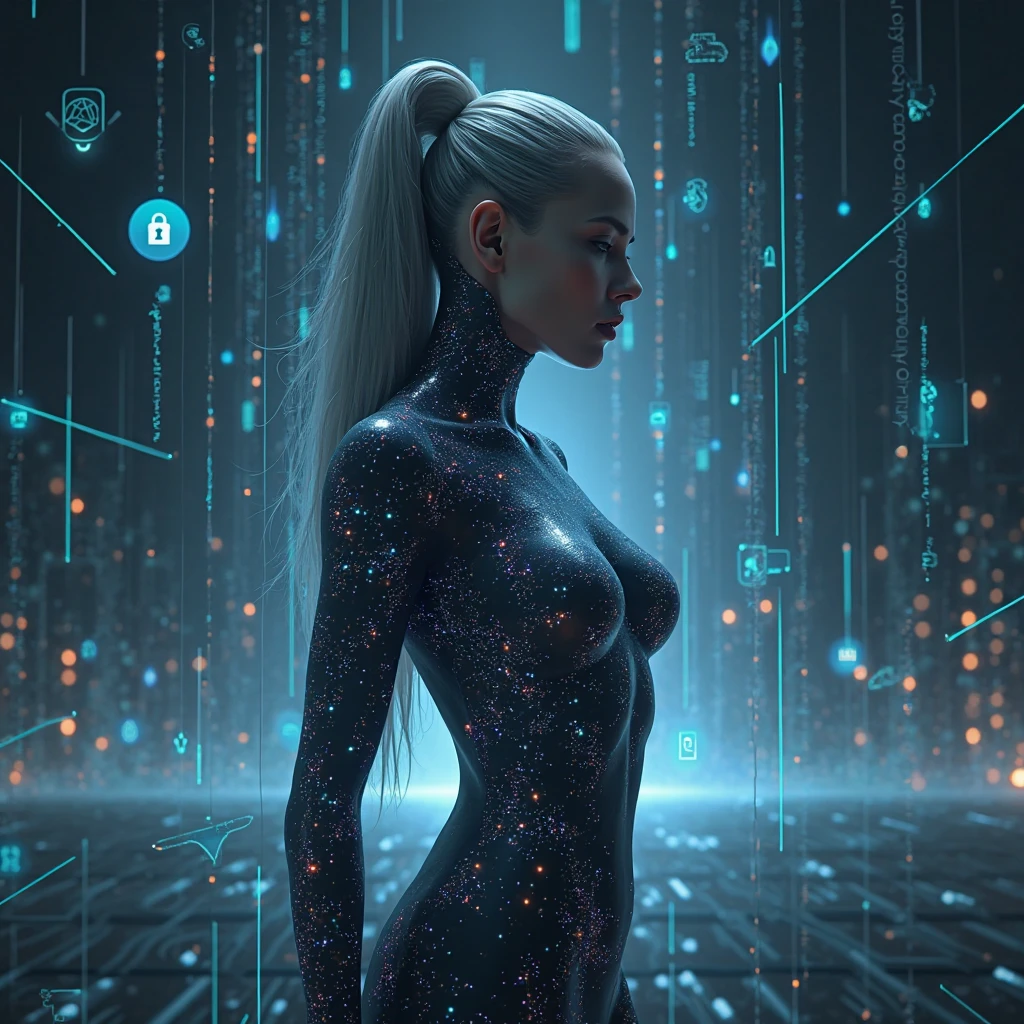 Half Body. high quality, 8K Ultra HD，woman，The body is surrounded by a series of blue binary codes, Curved lines and patterns,  Weaving together，Creating a fusion of technology and art, Background with binary code, Hues range from electric blue to bright green, 