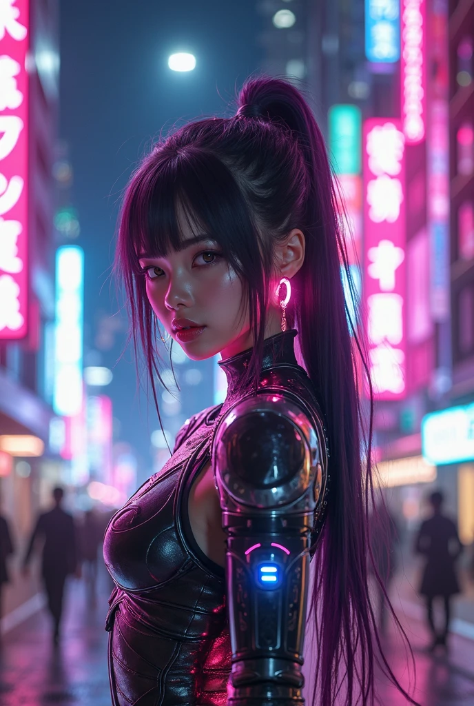 Obra maestra, La mejor calidad, Self-confident cyberpunk girl, ((Toma de cuerpo completo)), ((Stand in front of the motorcycle)), Disfraces populares al estilo Harajuku, Colores y patrones llamativos, Accesorios llamativos, Peinado moderno e innovador, Maquillaje vibrante, El deslumbrante paisaje urbano de Cyberpunk, rascacielos, neon signs, Luces LED, Esquema de colores brillantes y vivos, Anime Big Breast, illustration, Textura detallada de la piel, Textura detallada de la tela, ((Hermosa cara detallada)), Detalles intrincados, Ultra detallado.