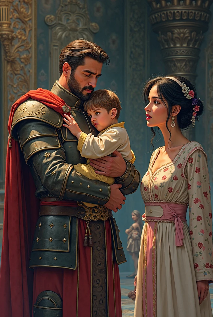 Image of parents with a baby with black hair and gray eyes. Medieval magical era. Semi-realistic, almost anime style.