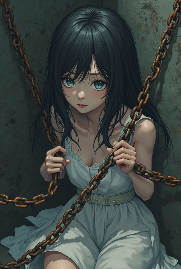 She is tied in both hands, and got chains on her neck.A very beautiful female slave , she has innocent eyes and she looks like Emilia from re zero, but with black hair and therr are tears on her eyes
Make the background grim, dark and and inside the dungeon like you can really feel sadness