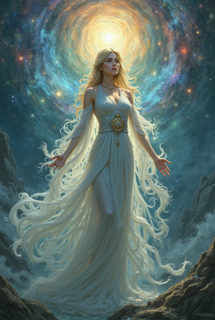 Imagine a powerful goddess standing on the edge of a mountain cliff, effortlessly controlling the forces of gravity around her. She exudes an aura of divine strength and grace, her long, flowing hair billowing upward in defiance of gravity, glowing softly with an ethereal light. Her eyes are a radiant silver, shimmering with otherworldly energy as she focuses her gaze on the space around her.

She is dressed in an elegant, flowing gown that seems to float around her, made of shimmering, celestial fabric that sparkles with stars and galaxies. The gown moves as if it has a life of its own, subtly shifting in the air as she manipulates gravity, giving her a celestial, weightless appearance. Her arms are adorned with golden cuffs, etched with ancient runes symbolizing her mastery over the forces of nature and the universe.

Around her, rocks, trees, and even large boulders are suspended in mid-air, orbiting around her like planets around a sun. Small particles of dust and light float in the air, caught in her gravitational pull, creating a mesmerizing dance of debris that glows softly under the moonlit sky. She stands at the center, her posture regal and commanding, her hands raised with fingers slightly curled as she manipulates the gravitational field.

The environment around her bends subtly to her will: the clouds above swirl in a slow spiral, and the water from a nearby waterfall curves upward before cascading back down. A soft, radiant aura surrounds her, glowing with a faint silver light that pulses in sync with her movements, reflecting her control over gravity.

Her expression is serene yet powerful, showing her mastery over her abilities and the calm confidence of a deity who understands the immense power she wields. She looks down upon the world with a blend of curiosity and wisdom, her divine presence bending reality itself.