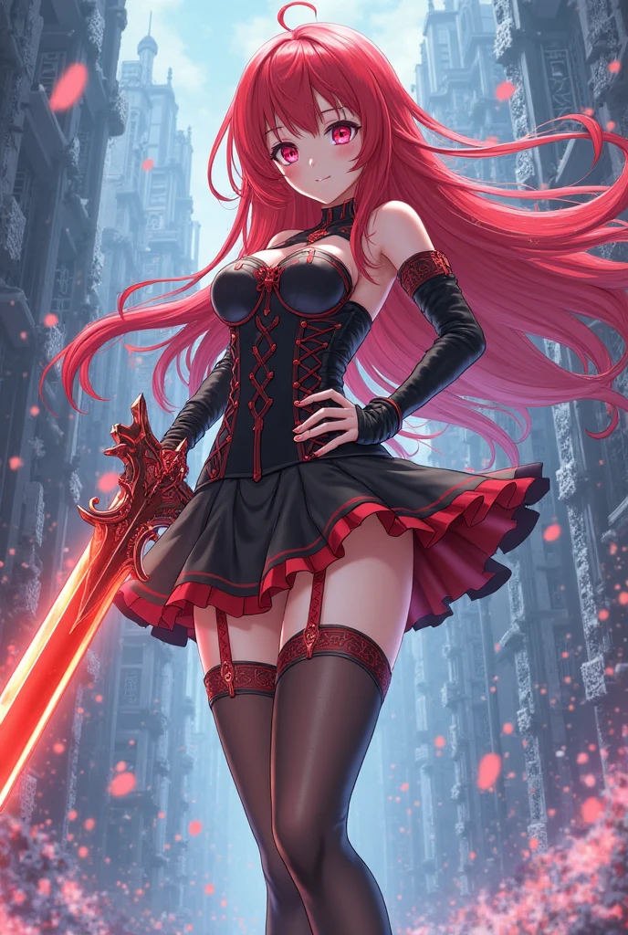 最好质量、One girl、Long red hair、Blue eyes、Dark eyes、Small face、a smile、Black eye patch、Black attire、Show your chest、Pink mini skirt、Black tights、Black platform boots、large tits、Constriction、thights、beauty legs、Navel、holding swords、gloomy lighting、by night、in a castle、No people、Background blur、A masterpice