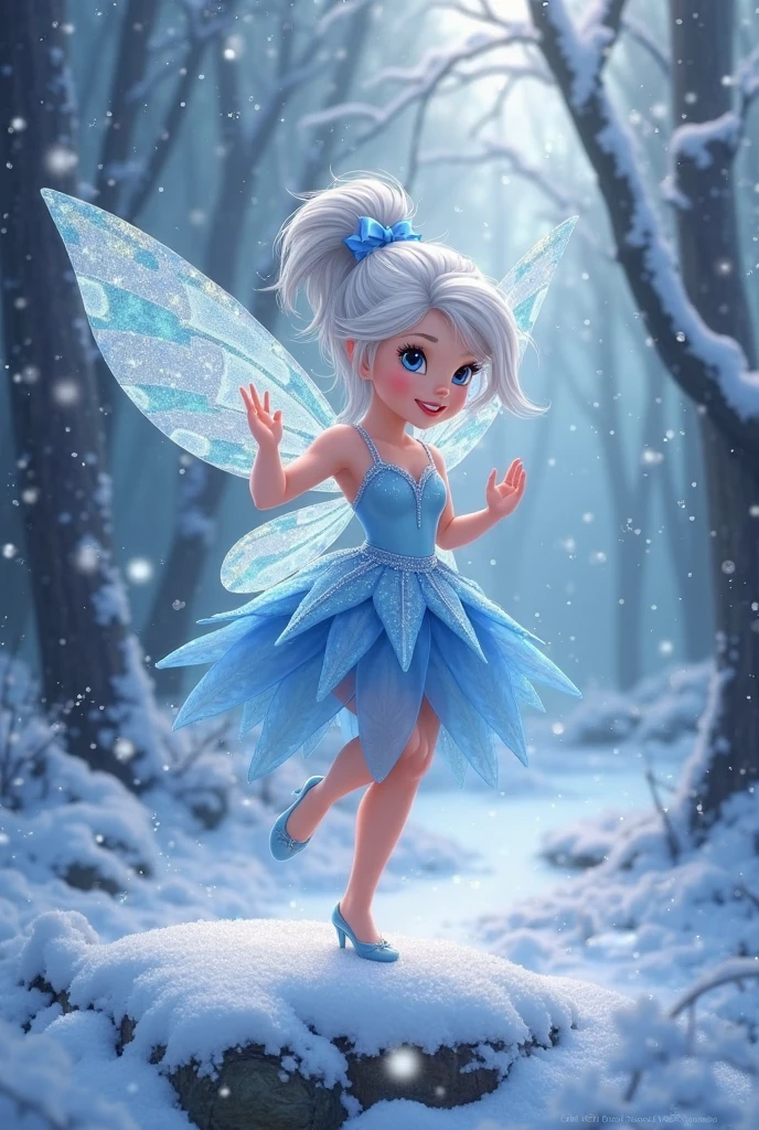 Ice elves flying in the air，child，Pointed ears ，Transparent wings，Almond eyes，blue eyes，Transparent ice skin，Blue elf shoes，Full body picture，