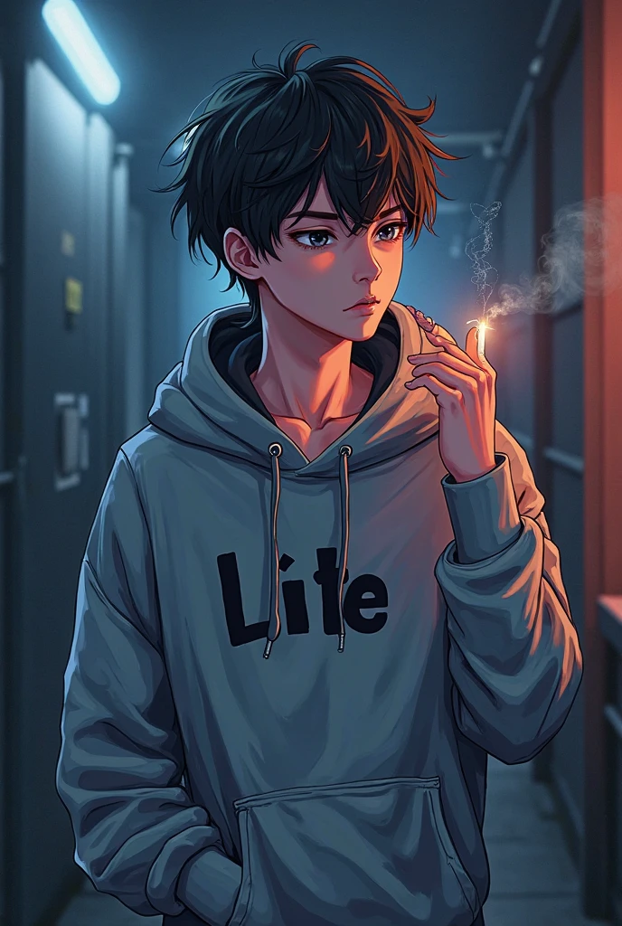 short hair, squatting, wearing a hoodie, earrings, smoking, short pants