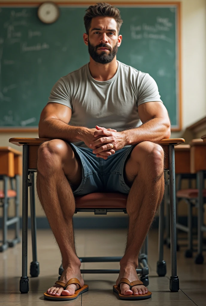 Generates a super muscular teenage man in underwear sitting on a broken chair in the middle of a class