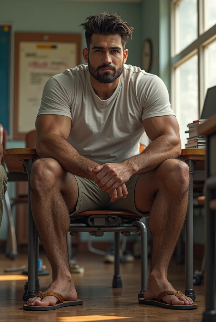 Authentic style，一个强壮的devil坐在地板上，indoor，Wooden floor，Sitting，devil，40-year-old Asian man image，Looking at the camera，Legs open，Place your hands behind your body，beard，Security suits，Security suits打开，A kind expression，Kind uncle，A polite greeting，Black short hair，Very short hair，Green Skin，Oily skin，(Fat-wrapped muscles)，Mermaid line，Grey swimming trunks，(There is a huge King Oyster Mushroom in my pants)，Leg hair，Thick body hair，Black body hair，Leg hair，sandals，toe，Sexy men，full-body shot，Real person photos，Correct anatomical shape of the limbs，Full body shot，Fine skin texture，Wooden walls，Soft Light，Low contrast images，Highest quality，4k quality，