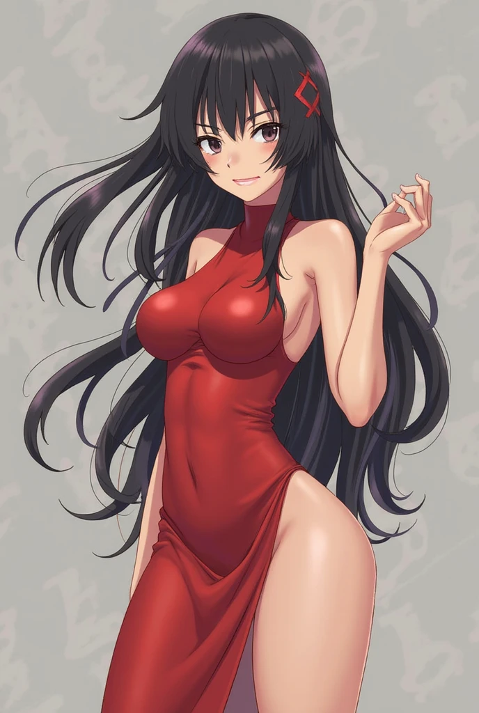 love live!,love live! sunshine!!,kurosawa dia,green eyes,hime cut,black hair,long hair,tsurime, love live! style, female focus on, best detailed girl, focus on face, hand on hip, woman, 20 years old, long black hair, hime cut, ,streching,arms in front breast, extremely detailed,red cat suits,brow a kiss,wink,temptation